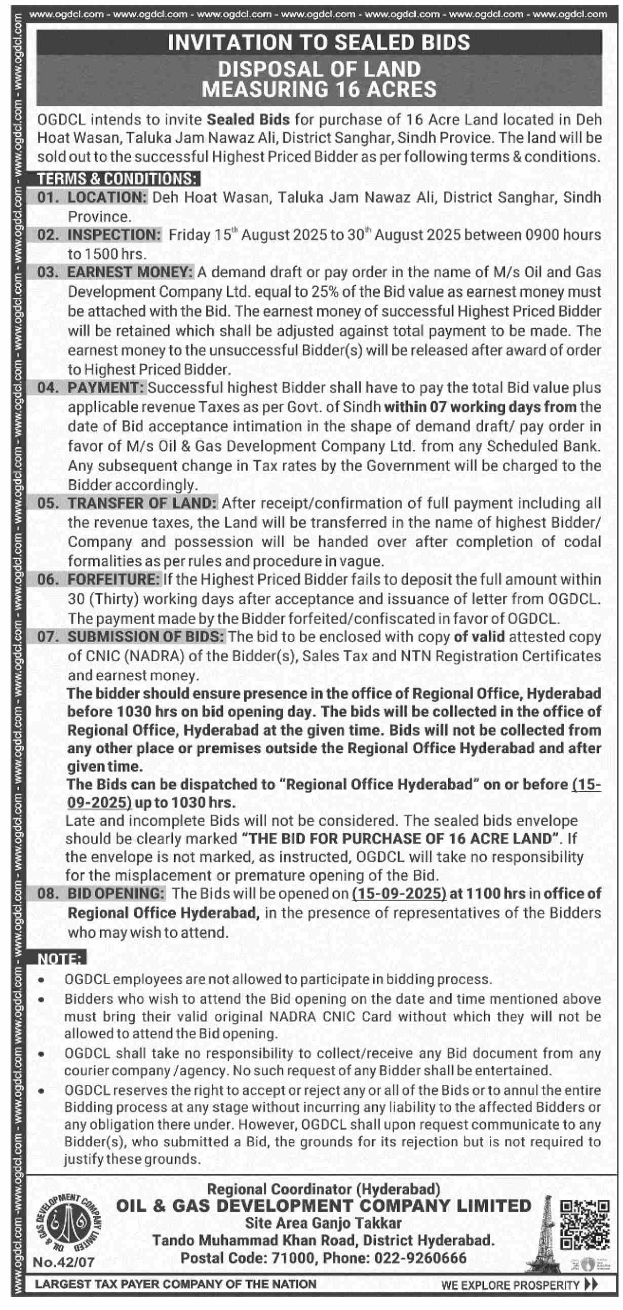 Oil & Gas Development Company Limited Hyderabad Tender Notice